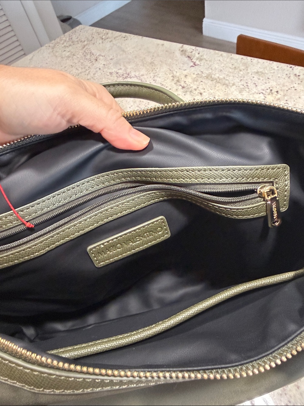 Mario Valentino Olive Nylon Tote with Gold Hardware and Detachable Logo Strap - Picture 7 of 8